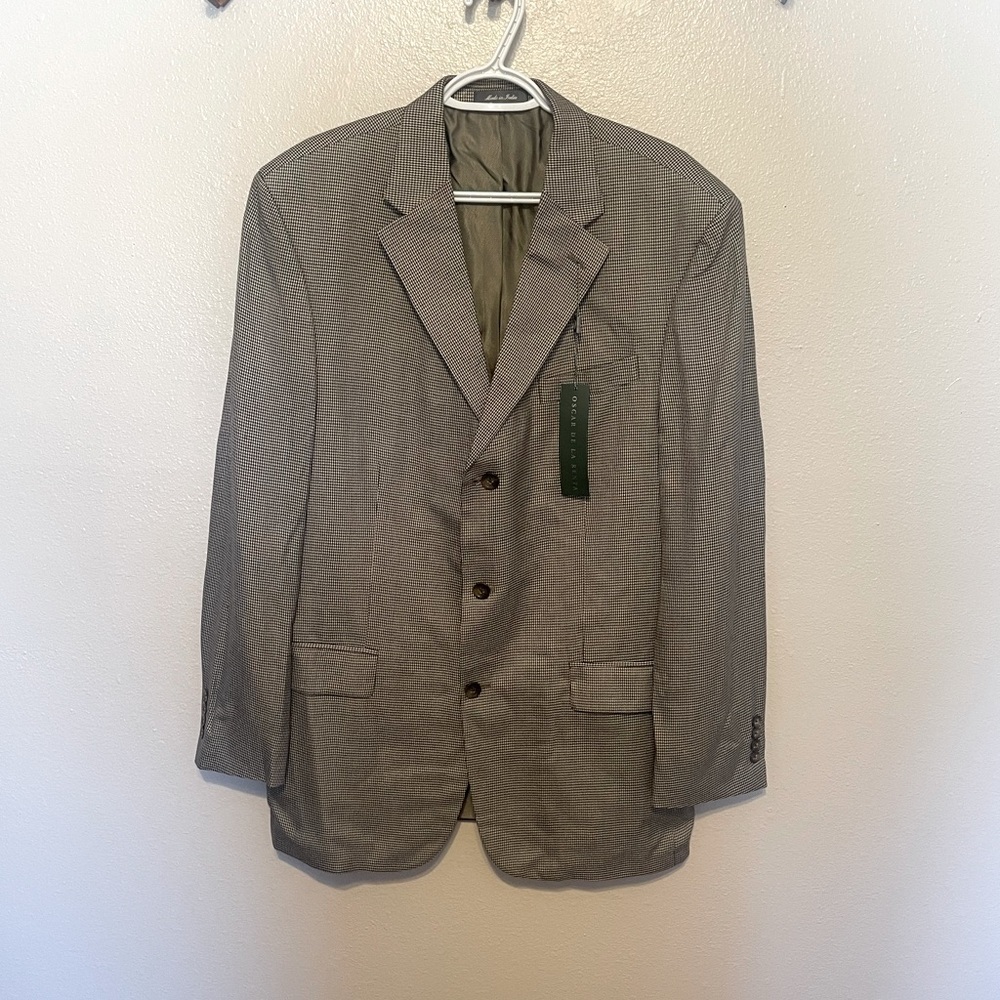 NWT Oscar De La Renta 100% Mulberry Silk Blazer 42L Houndstooth 3 Button
